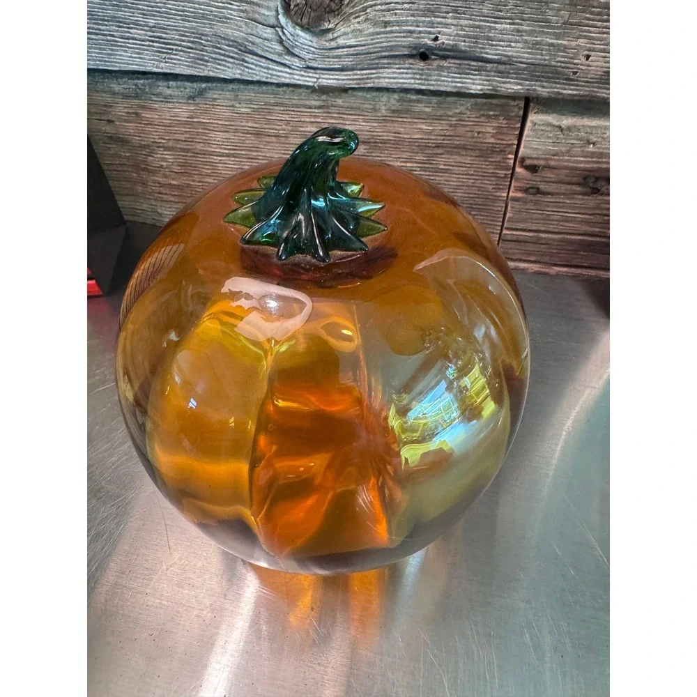Vintage Blenko Art Glass Pumpkin Amber Topaz Green Stem Hand Blown Fall MCM